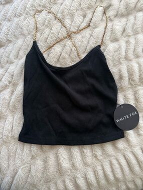White Fox Black Ribbed Crop Cami with Gold Chain Straps